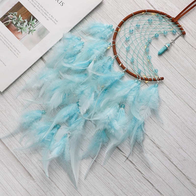 Dremisland Moon Dream Catcher with Fairy Lights-Handmade Feather Lucky Turquoise Pendant Beads Wall Hanging Ornament for kids Bedroom Home Decoration Art Craft Gift. (Sky Blue) - Image 5